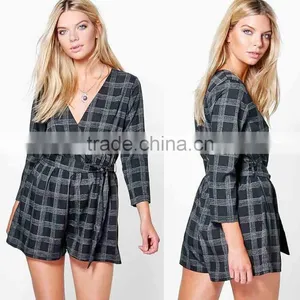 100% Polyester Checked Wrap Front Playsuit Wool Tartan Plaid Fabric Women Sexy Jumpsuits 2017 thumbnail-1