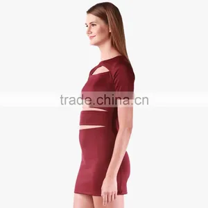 Wine Colored Solid Bodycon Dress For Ladies thumbnail-3