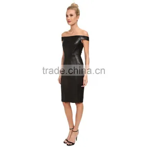 Black Slim off Shoulder Women Summer Dress With Leather Fabric thumbnail-3