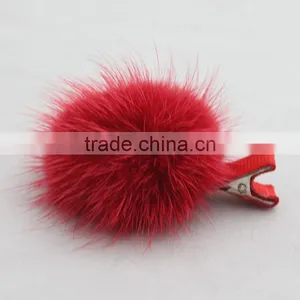 Myfur Cute Red Color Real Mink Fur Pom Pom Hairpin For Fashion Girls thumbnail-1