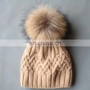 Super Natural Color Raccoon Fur Pom Pom Hats With Pearls for Ladies thumbnail-5