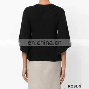Women Crew Neck Cashmere Bat Sleeves Knitted Ribbed Top thumbnail-6