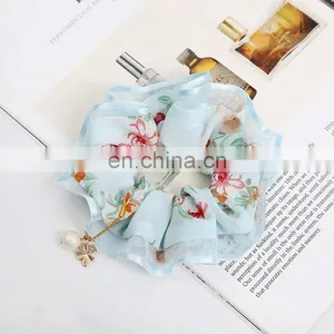 Women Vintage Big Bowknot Scrunchies With Pearl Print Flower Hair Ties Hair Holder Rubber Bands Gum For Hair thumbnail-4