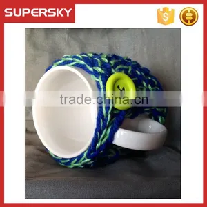 V-65 Blue and Green Crochet Knit Sleeve Warmer Cup Mug Sweater With Greeen Button thumbnail-1