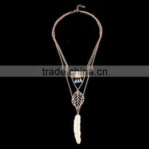 Latest Fancy Design Necklaces Jewelries Bohemia Style Three Tiny Turquoise Hollow Leaf Long Feather Multi Layer Necklaces thumbnail-6