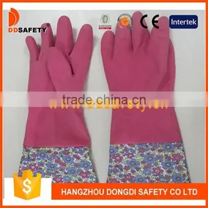 Pink Household Latex Gloves With Flower Design Pvc Cuff thumbnail-1