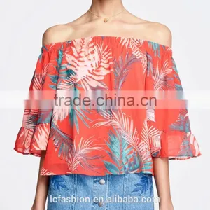 Tropical Plant Print Tunic Tops off the Shoulder Puff Sleeve Womens Shirts thumbnail-2