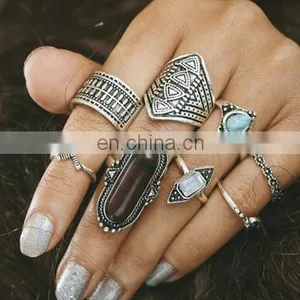 8 Pcs/set New Gold Retro Vintage Women Lady Gemstone Turquoise Jewelry Punk Rings Sets thumbnail-2