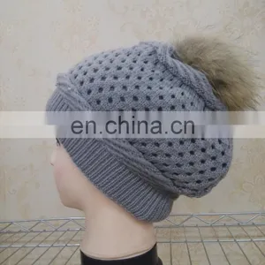 Real Wool Knitted With Raccoon Fur Pompom Beanie Hat Pretty Wool Knitted Raccoon Fur Ball Hat thumbnail-2