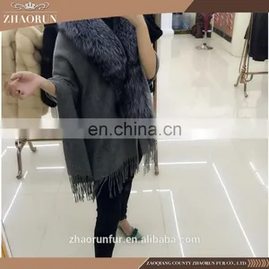 2016 Winter Genuine Pashmina Shawl With Fox Fur Collar Fashion Cashmere Cape thumbnail-5