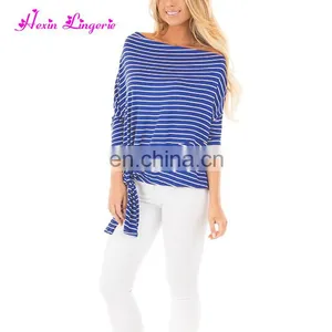 Private Label Blue Striped Long Sleeves Tops Tshirt Women Casual Blouse Designs thumbnail-1