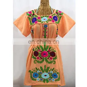 100% Mexican Dress Women Loose Dress Fabric Casual Wear Tunic Embroidery Tops For Girls thumbnail-1