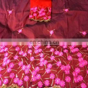 Indian African Dubai Nigerian Taffeta Silk Flower Work George Wrappers With Blouse thumbnail-1