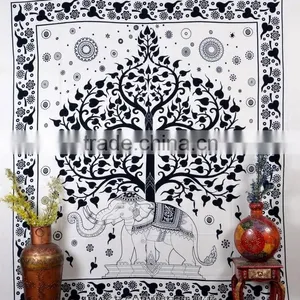 Indian Tapestry Cotton Bedding Bedsheet White Tree Elephant Print Wall Hanging Tapestries Throw Mandala Print thumbnail-1