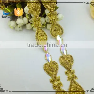 Gold Trim Wedding Bridal Dress Belt Sash Rhinestone Applique thumbnail-1