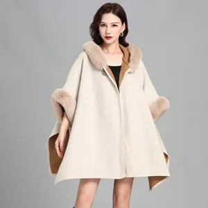 European and American Imitation Rex Rabbit Fur Collar Hooded Large Cape Cape Knitted Cardigan Fur Coat Woman thumbnail-1