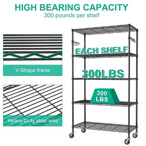 5-Tier Metal Shelves for Storage on Wheels thumbnail-3