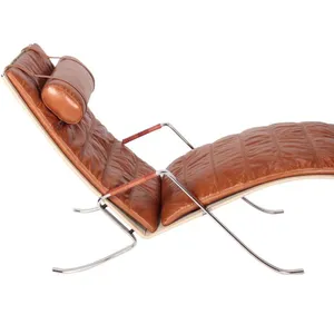 Mid-Century Leather Chaise Lounge Chair, FK87 Grasshopper Chair Replica With Polished Stainless Steel Frame for Living Room Hotel thumbnail-2