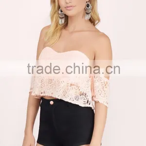2016 Off Shoulder Pink Lace Crop Top thumbnail-2
