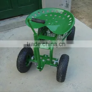 Long Handle Rolling Seat Cart With Mesh Bucket thumbnail-1