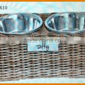 Round Rattan Frame Pet Bowl Aluminum Bowl Double Size thumbnail-1