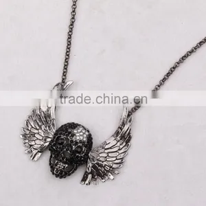 Hiphop Jewelry Halloween Necklace Punk Skull Pendant With Wings Sweater Chain Black Chrome Plated 2015 New Made in China Yiwu thumbnail-3