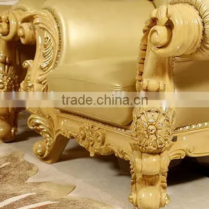 European Style Golden Color Wooden Hand Carved Living Room Leather Sofa Furniture Set(MOQ=1 SET) thumbnail-4
