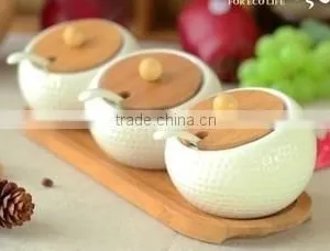 Ceramic Canister Set With Bamboo Lids, Bamboo Spice Set With Ceramic Jar, Spice Rack Set thumbnail-1