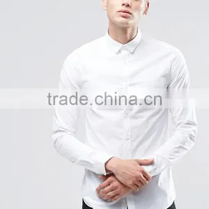 Guangzhou High Quality Custom Long Sleeve Spread Collar Chest Pocket Mens Cotton Elastane Casual Skinny Fit White Solid Shirts thumbnail-1