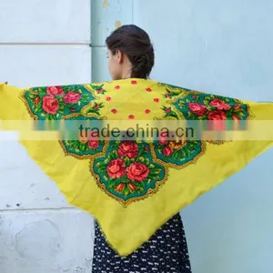 Vintage Ukrainian Shawl, Russian Floral Scarf ,russian Shawl, Floral Scarf, Head Scarf, Beautiful Shawl, Yellow, Babushka Russia thumbnail-5