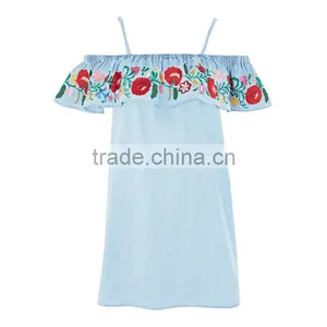 Denim Blue Embroidered New Pattern Clothes off Shoulder Short Jeans Dress Women thumbnail-6