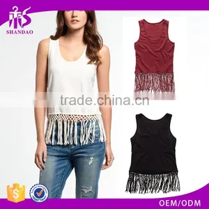2016 Guangzhou Shandao Fashion Design Summer Casual Sleeveless Tassels Bottom Round Neck White Cotton New Style Top For Girls thumbnail-1