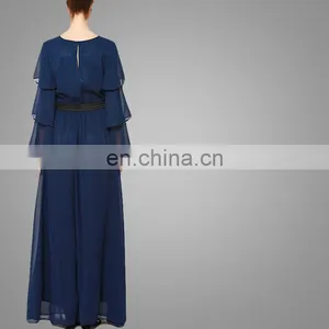 New Arrival Navy Blue Ruffled Sleeves Muslim Women Clothing Chiffon Maxi Dress thumbnail-2