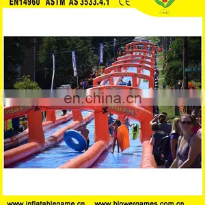 Hot Sales 300m Long Orange and Bule Color Inflatable Urban Water Slide for Summer Fun thumbnail-1