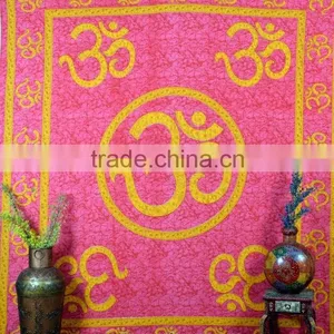 Indian Tapestry Cotton OM Print Pink Wall Hanging Tapestries Throw Mandala Print thumbnail-1