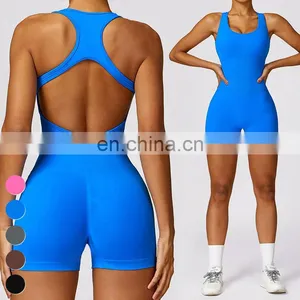 Sexy Hollow Out Back Sleeveless Bodysuit Short Sports Jumpsuit One Piece Gym Fitness Jumpsuits Seamless Yoga Jumpsuit For Women thumbnail-3