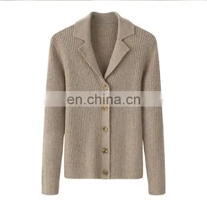 Women's Ribbed Knitted Winter Shirt Slim Fit Cashmere Cardigan With Button Decoration Formal Solid Pattern Factory Wholesale thumbnail-1