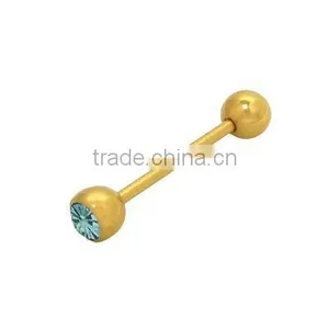 Surgical Steel Gold Plated and Light Blue Jewel Piercing Tongue Ring Body Jewelry thumbnail-1