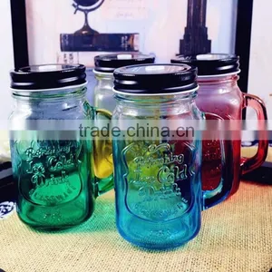2016 Hot Sale Gifts & Crafts Silk Printing 450ml Glass Handled Drinking Jar Mason Mug & Straw Summer Cocktail Mason Jar Glass thumbnail-3