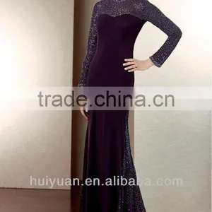 Purple Beaded Bling High Neck Full Length Evening Dresses Long Sleeve thumbnail-1