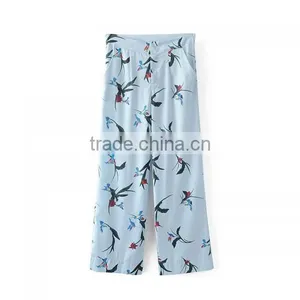 2017 China Wholesale Cotton Women Long Trousers Printed Bird Pattern Light Blue Pants Trousers thumbnail-4