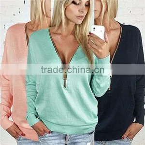 Sexy Deep V-neck Zipper Bat Sleeve Long Sleeve T-shirt Woman Who Dress Dress thumbnail-2