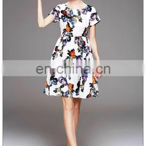 Ladies High Quality Short Sleeve Trendy Dress With Gathtering Waist Pretty Print Dress Fashion thumbnail-3