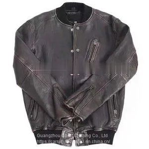 HOT SALE 2021 NEW FASHION MEN'S WASHED BASEBALL GENUINE SHEEPSKIN LEATHER JACKET thumbnail-3