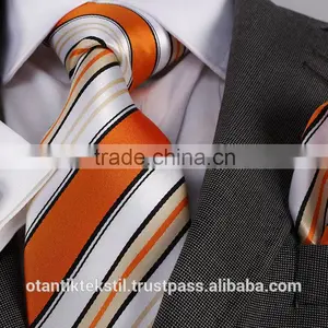 Orange White Striped Pocket Square and Cufflink Set Neck Tie, Corbata, Gravate, Krawatte, Cravatta, Fashion Tie thumbnail-1