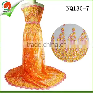 NQ180-7 Orange Nigeria Fabric Tulle Net Lace Fabric With Pearls thumbnail-1