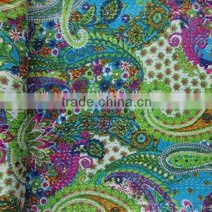 Blue Color Multi Print Paisley Cotton Bedspread, Decorative Queen Size Kantha Quilt, Reversible Indian Bed Cover, Designer Kanth thumbnail-4