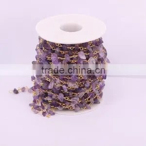 Gold Plated Wire Wrapped Beaded Rosary Chains Amethyst Quartz Stone Beads Jewelry Chain thumbnail-2