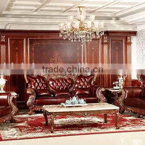 Luxurious Classic Solid Wood Hand Carved Leather Sofa, Hotel Lobby Leather Sofa Set(MOQ=1 SET) thumbnail-1