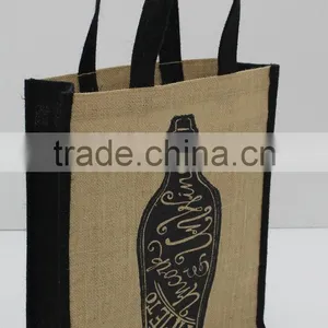 Recycled Jute Fabric Three Bottle Wine Bag With Jute Self Handle thumbnail-2